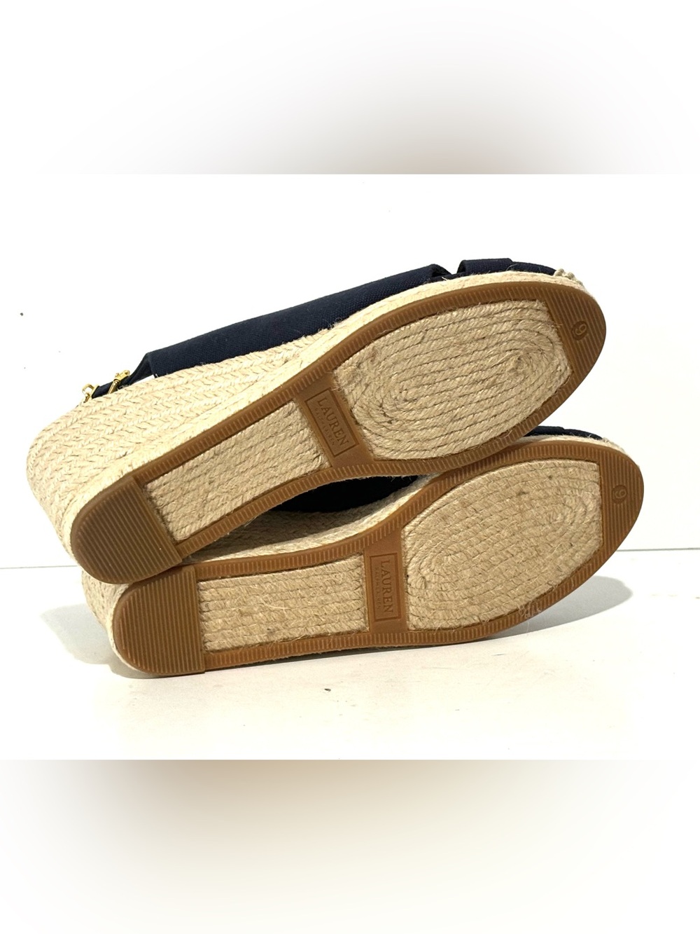 Ralph Lauren Navy Gold Canvas Espadrille Wedge Slingback Size 9 EUC - Picture 8 of 10
